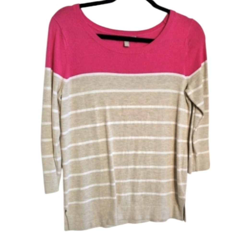 Banana Republic Sweater Pink Tan Striped Preppy Cute Business Casual Office Crew